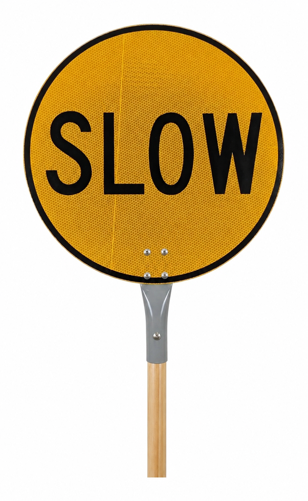 Wooden-handle Stop/Slow bat — SLOW face (illustration)